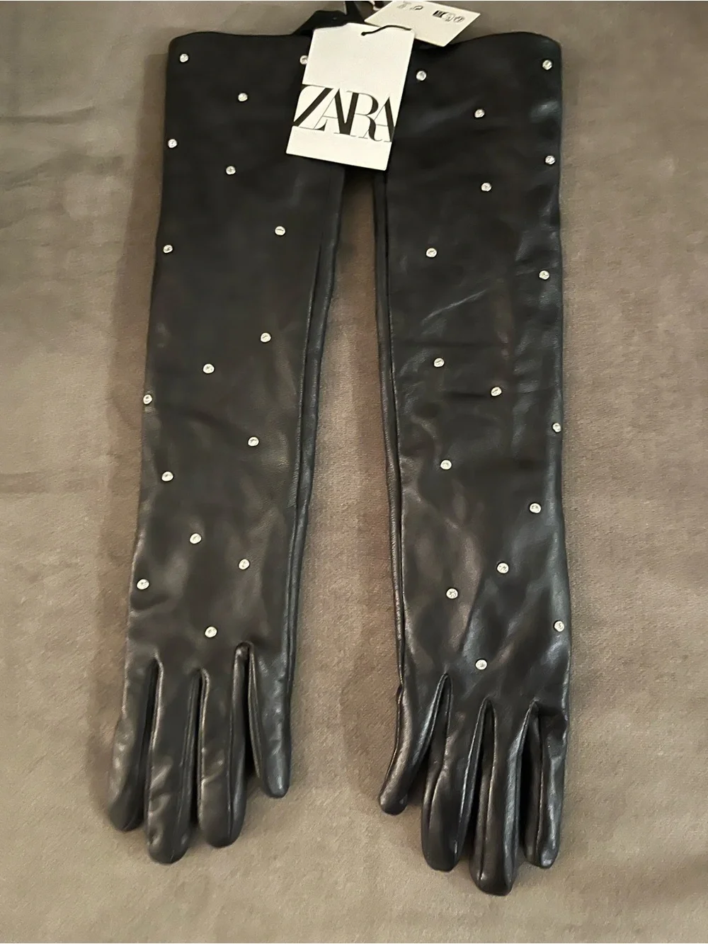 Zara Black Leather Gloves with Rhinestones - NWT